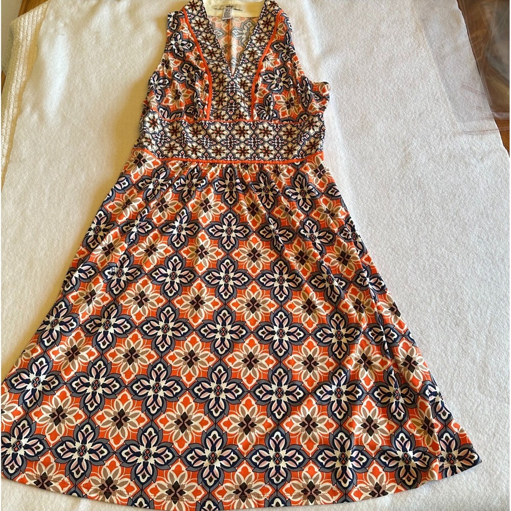 Wisp Womens Halter Dress Size 8 Orange Navy Geometric Floral A-Line Sleeveless